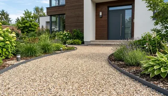 Allée en moquette de pierre menant à l’entrée d’une maison