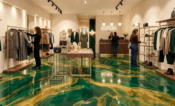 Boutique avec sol en résine époxy effet marbré vert et or